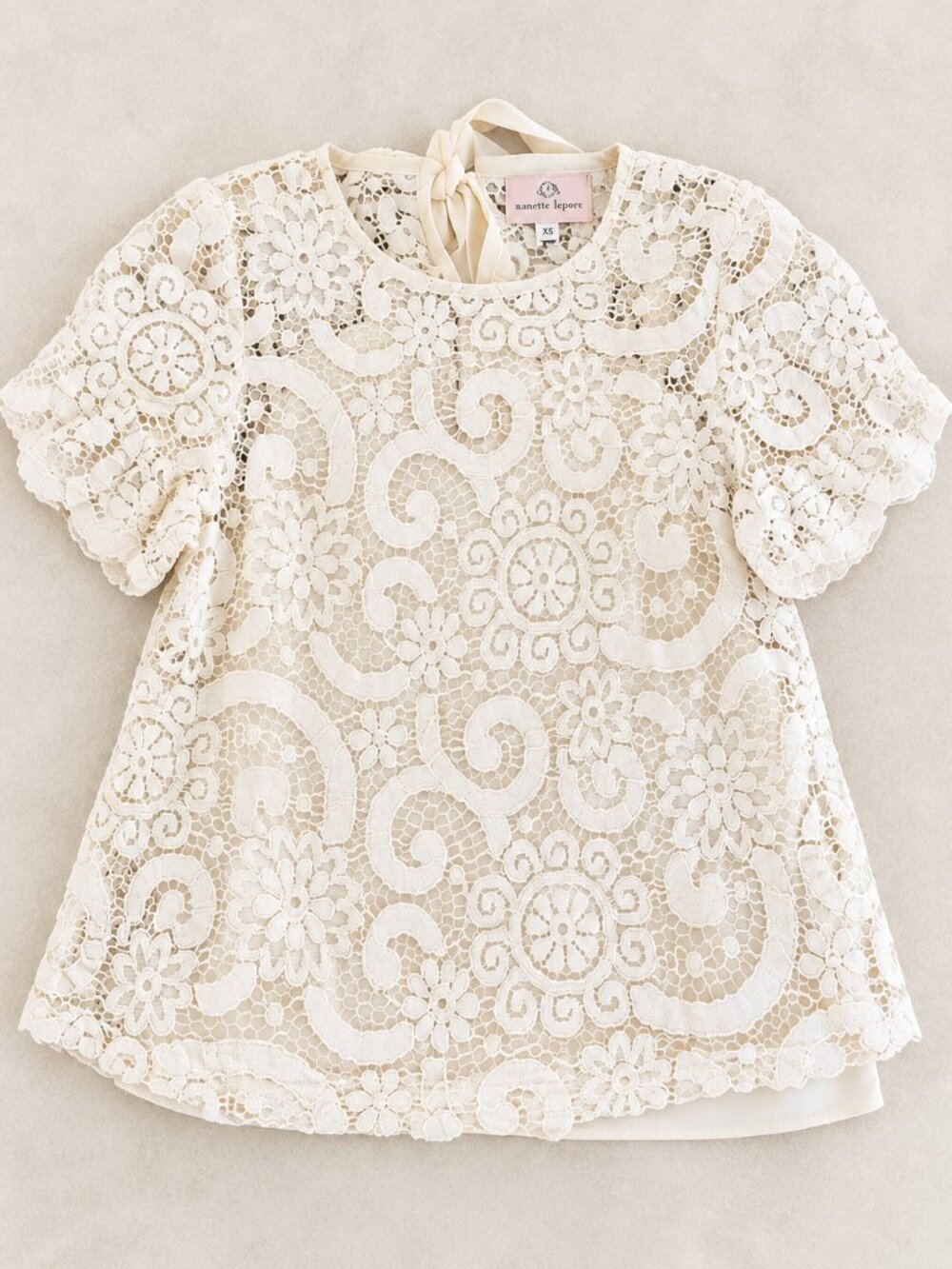 Nanette Lepore Ivory Floral Lace Blouse Short Sleeve Romantic Top XS
